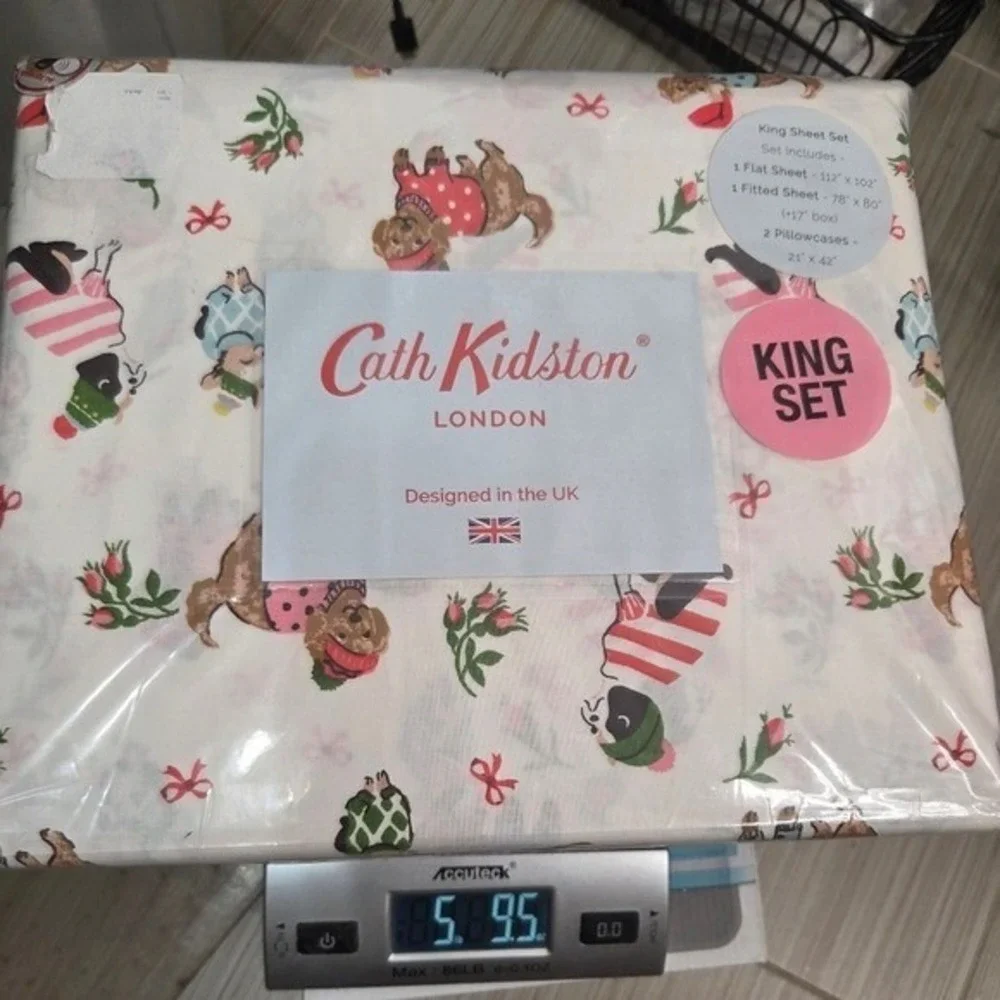 Cath Kidston Puppy Love Pink King Sheet Set 100%‎ Cotton Christmas Dogs Holiday